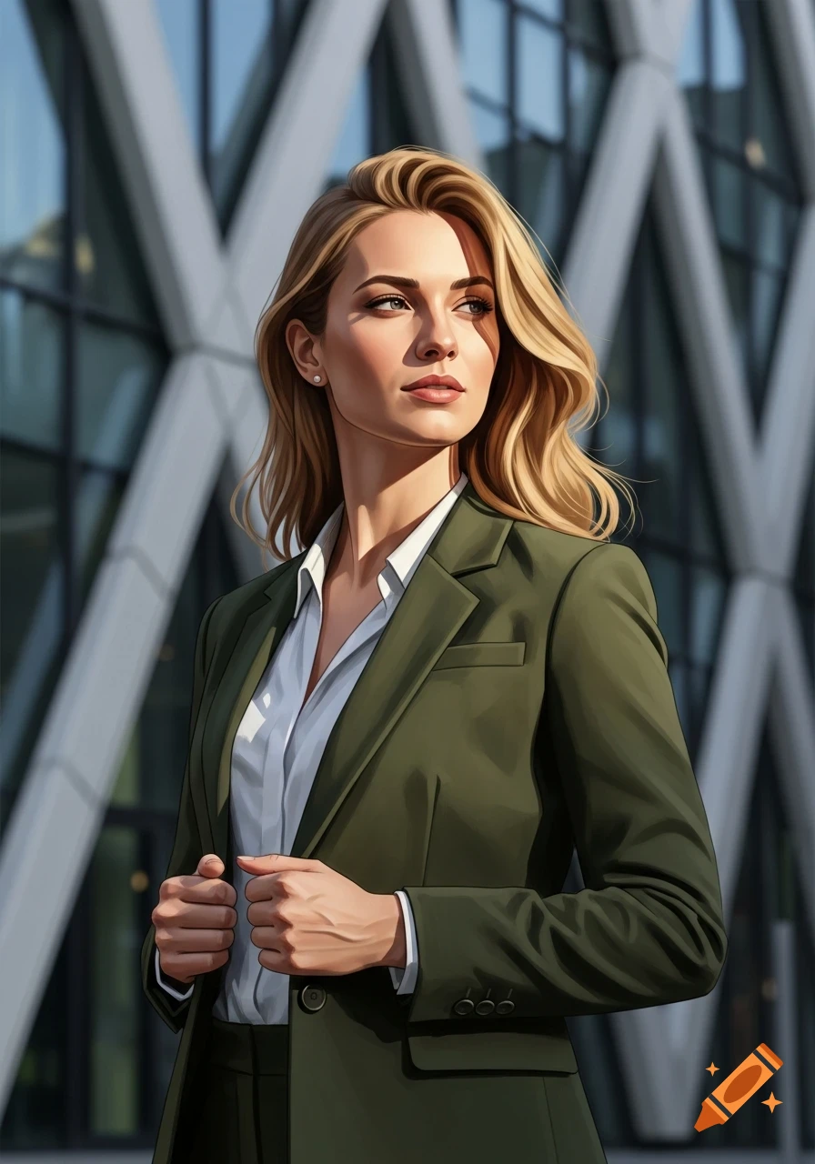 A confident blonde woman in a dark green business suit looks away, standing against a modern office building in a detailed illustrative style.
