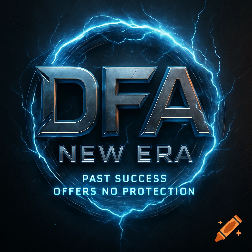 A futuristic metallic logo with 'DFA NEW ERA' and 'PAST SUCCESS OFFERS NO PROTECTION' surrounded by electric blue lightning on a dark background.