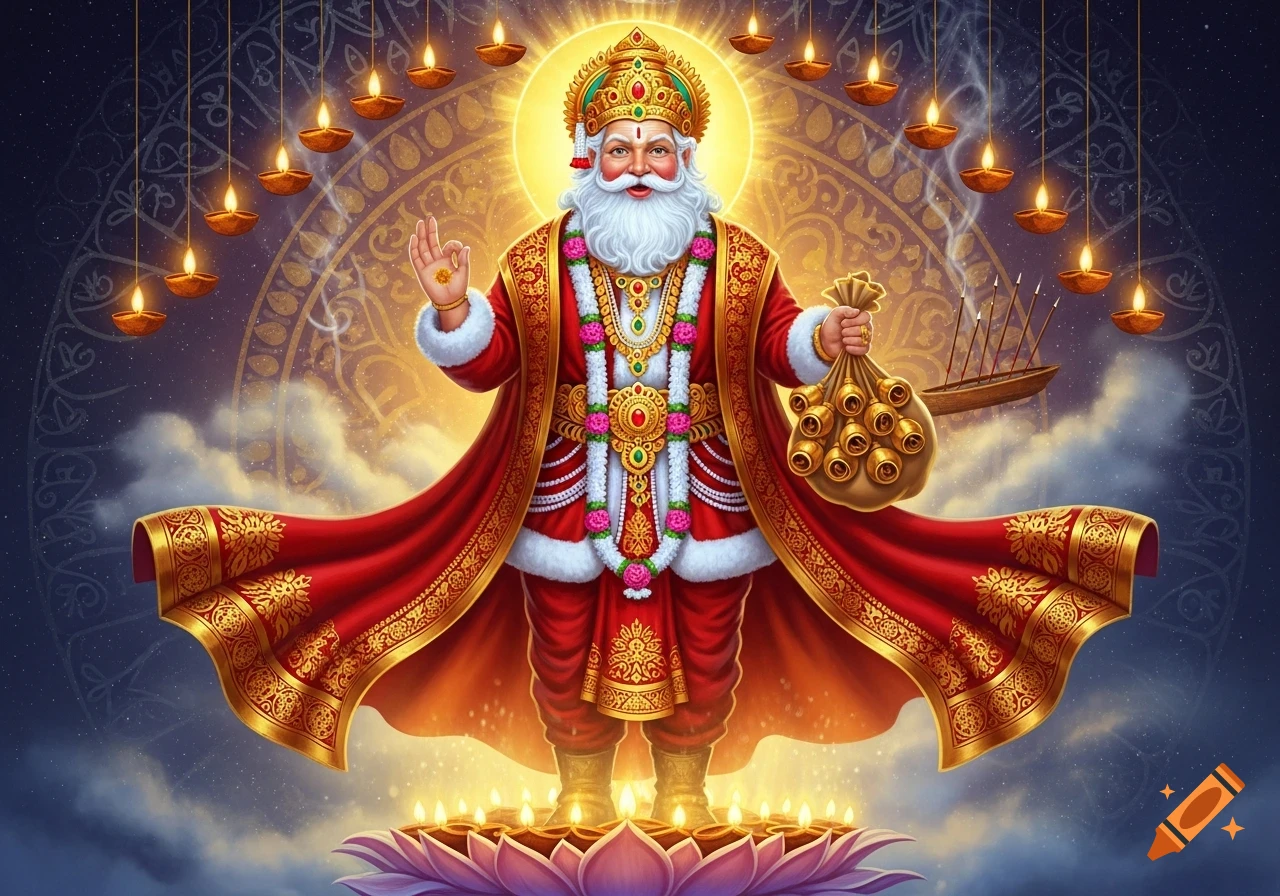 Santa Claus as a golden-crowned Hindu deity in red and gold robes, holding a bag of bells, surrounded by glowing lamps.
