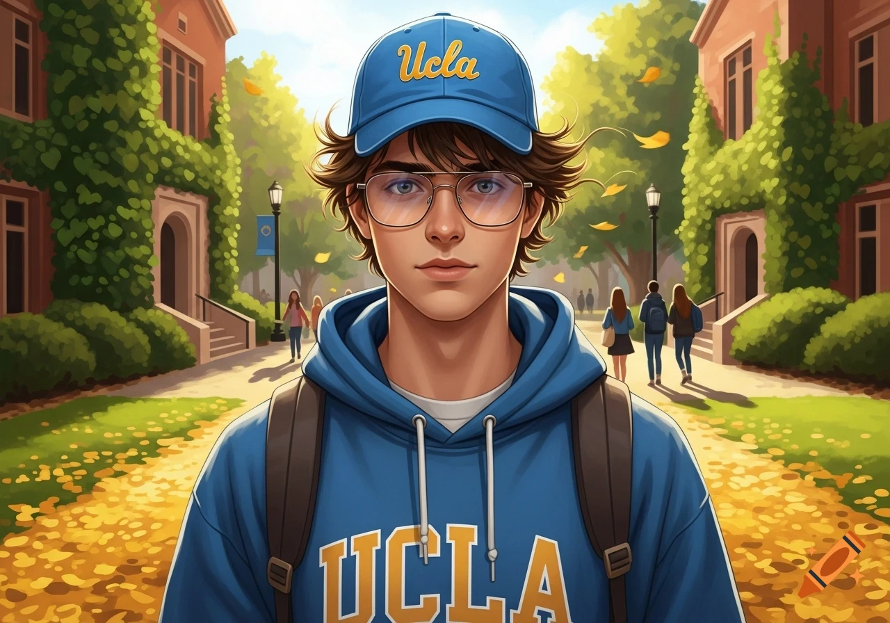 Anime-style illustration of a young man wearing a blue UCLA hat and hoodie with a backpack, standing on a college campus pathway.
