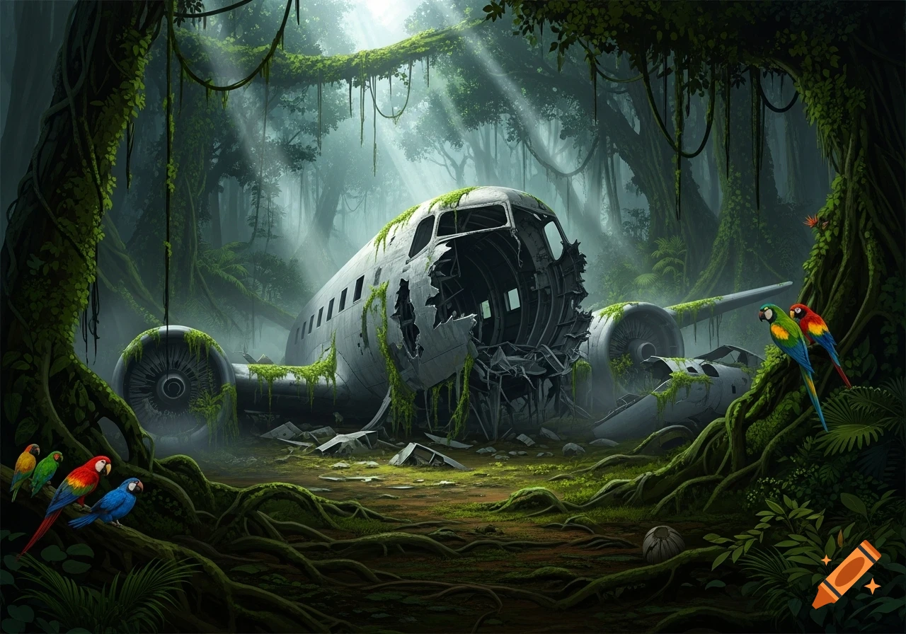 An abandoned airplane wreck covered in moss and vines in a lush, sunlit jungle, with colorful parrots nearby.