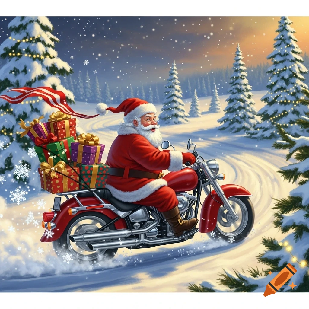 A jolly Santa Claus rides a red motorcycle loaded with presents through a snowy forest, surrounded by decorated evergreen trees.