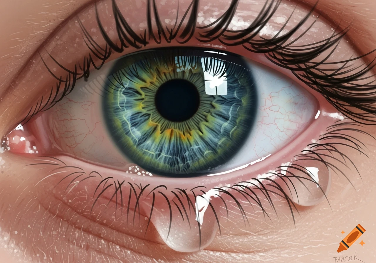 A highly detailed, realistic digital painting of a crying human eye with a green-blue-grey iris and tears welling up.