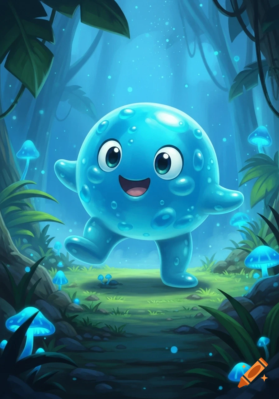 A cute, happy blue blob monster with big eyes walks in a glowing fantasy forest with blue mushrooms, cartoon style.