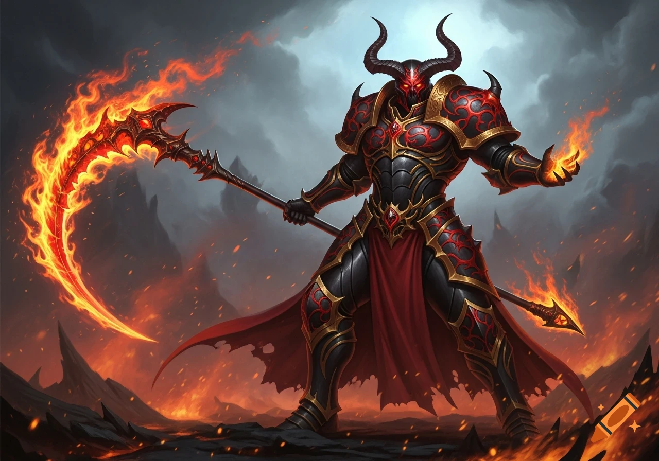 A demonic prince in elaborate black and red armor holds a fiery scythe and magic flame, standing in a desolate, burning landscape.