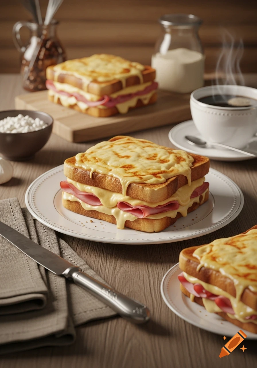 Three Croque Monsieur sandwiches with melted cheese and ham, served on a table with coffee, photorealistic style.
