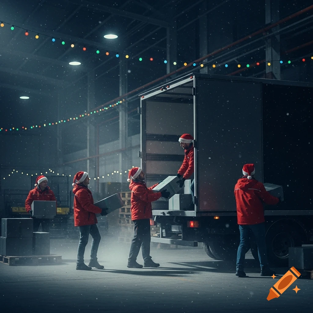 Photorealistic scene of workers in Santa hats loading boxes into a delivery truck in a snowy, festive warehouse at night.