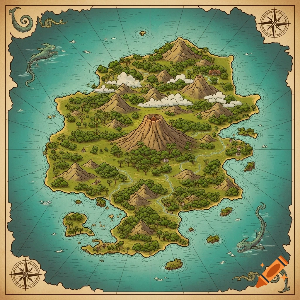 Retro-style illustration of a fantasy island map with mountains, forests, a volcano, and sea monsters in the surrounding ocean.