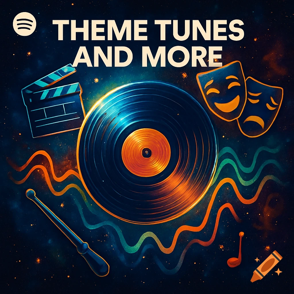 Spotify cover art with a vinyl record, film clapper, theater masks, and a musical note on a starry background, displaying 'THEME TUNES AND MORE'.
