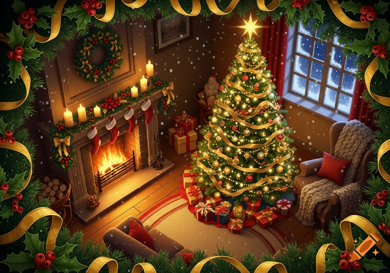 A cozy room decorated for Christmas with a lit tree, a roaring fireplace with stockings, and snow falling outside a window.