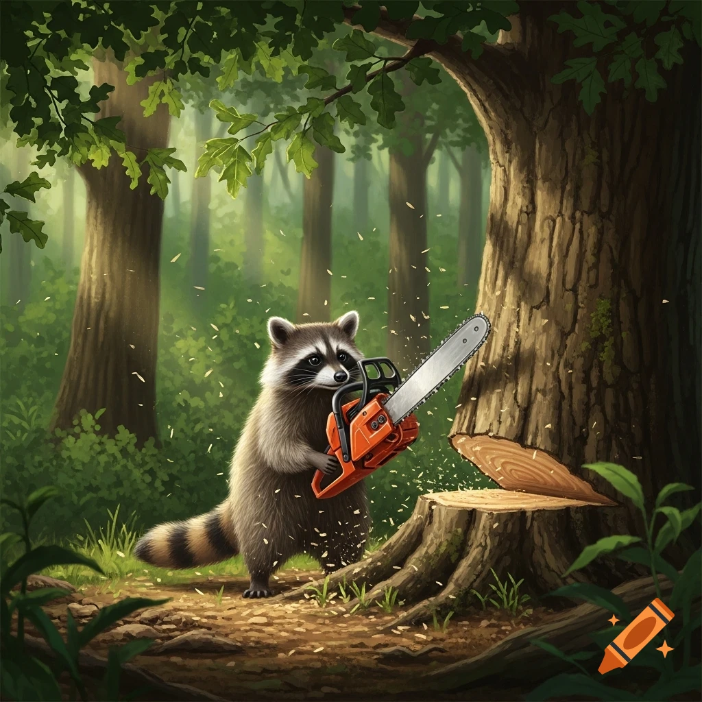 A cute, cartoon-style raccoon stands in a forest, operating a bright orange chainsaw to cut wood chips from a tree.