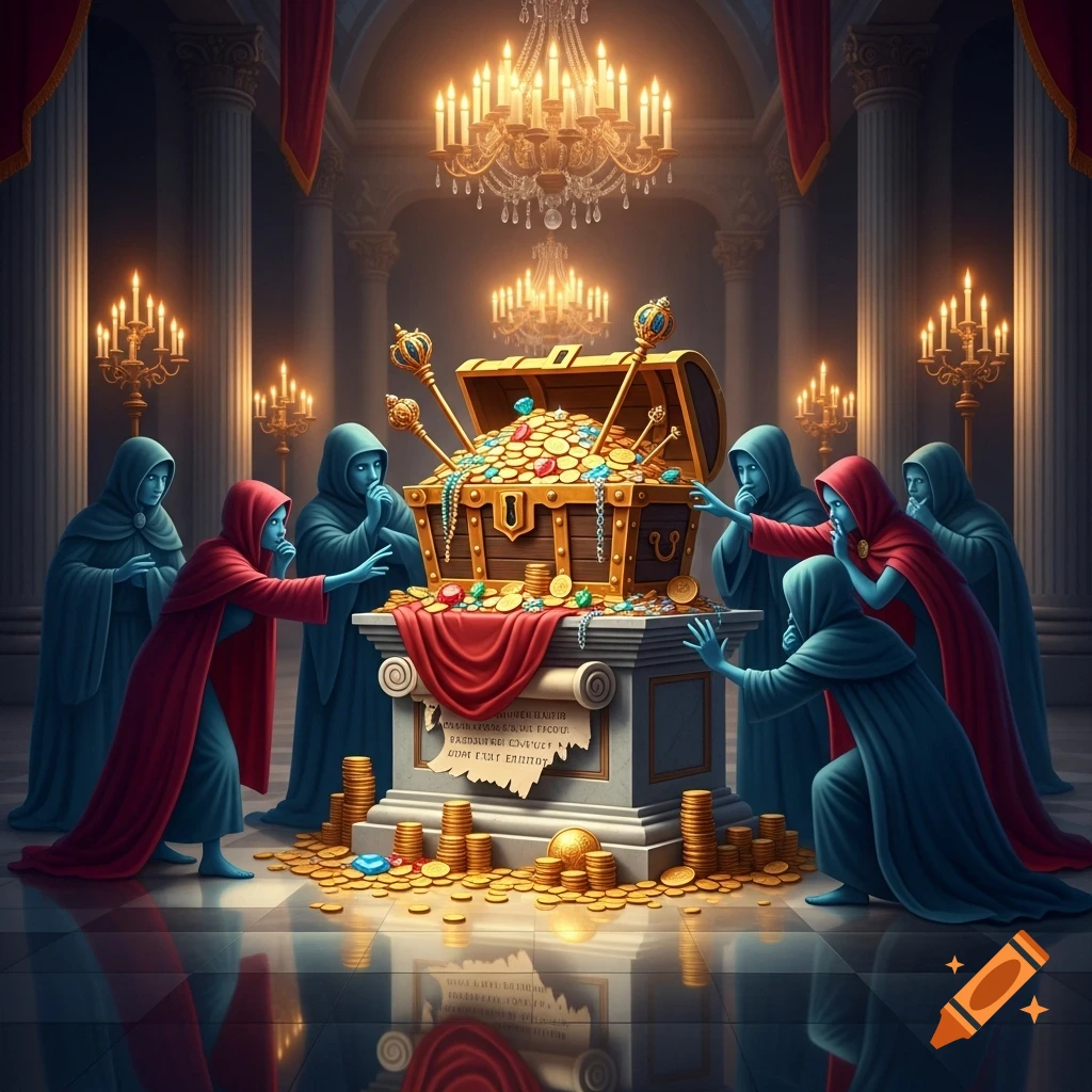 Cloaked figures in a grand hall, illuminated by chandeliers, gather around an open treasure chest overflowing with gold coins and jewels on a pedestal.