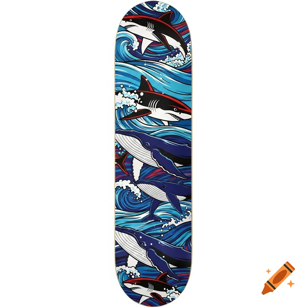 A vibrant illustration of sharks and whales swimming in blue waves on a skateboard deck.
