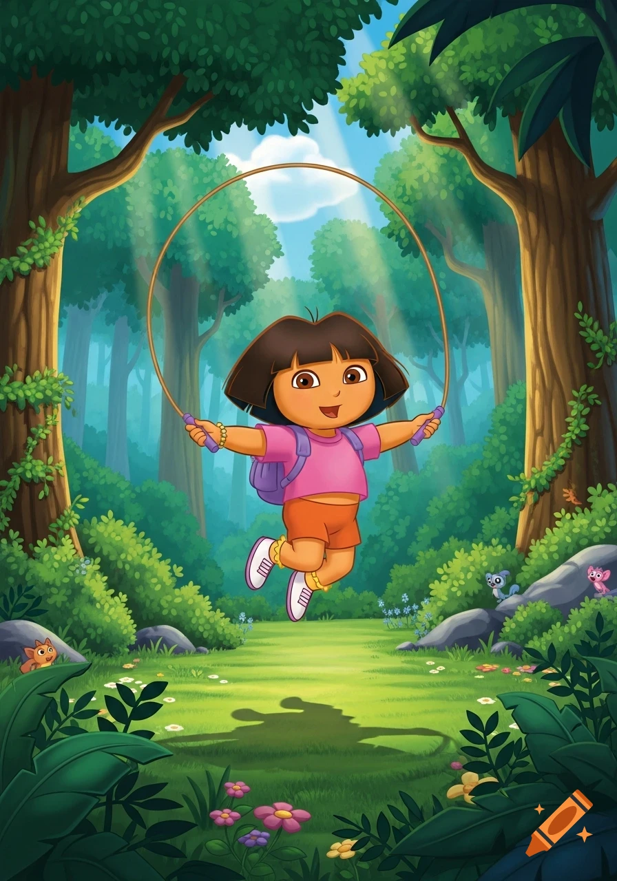 Dora the Explorer, wearing a pink shirt and orange shorts, jumps rope in a sunny, vibrant green forest.