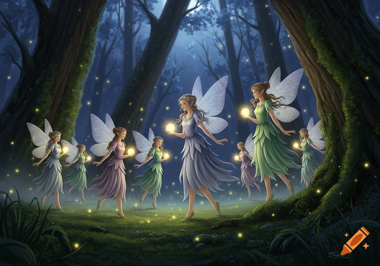 Ethereal fairies with wings and glowing orbs walk through a dark, magical forest illuminated by fireflies.
