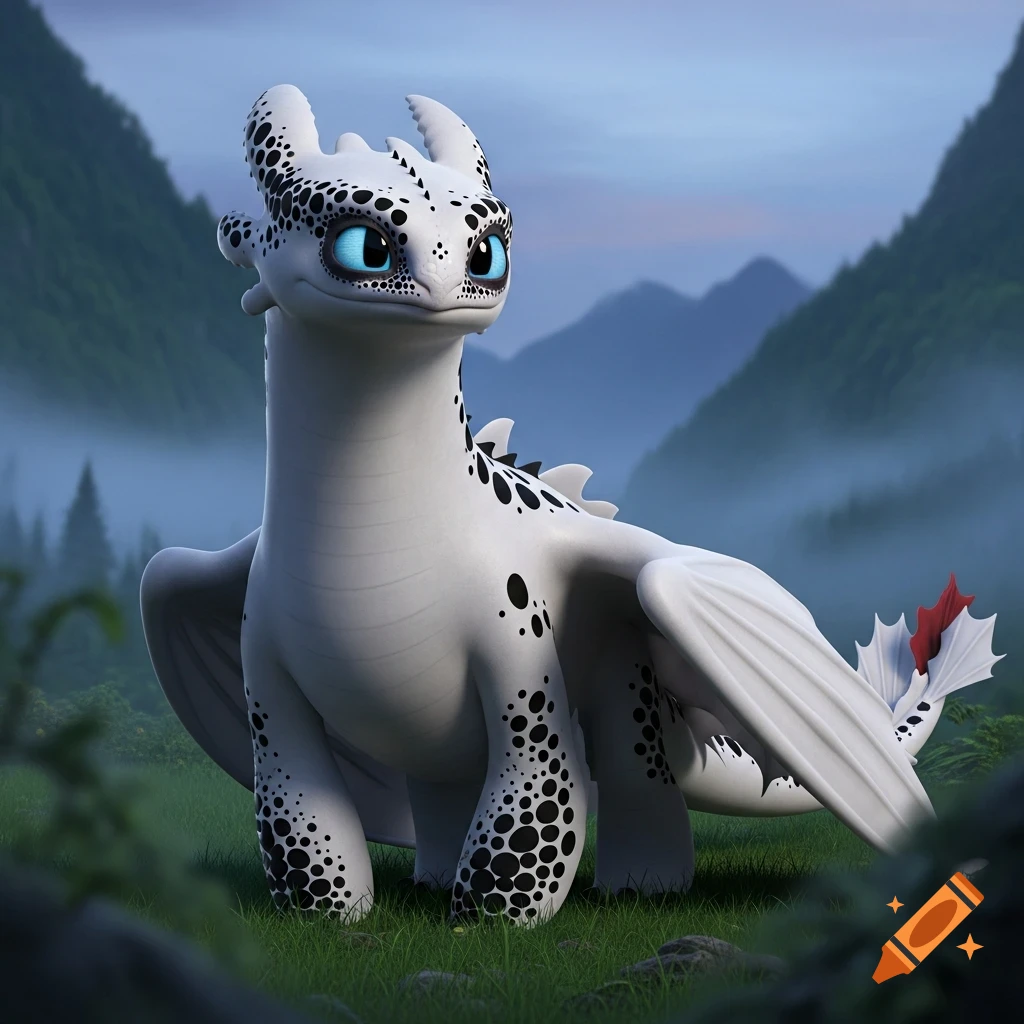 A white dragon with black spots and blue eyes, similar to Light Fury, sits in a lush green valley with misty mountains.