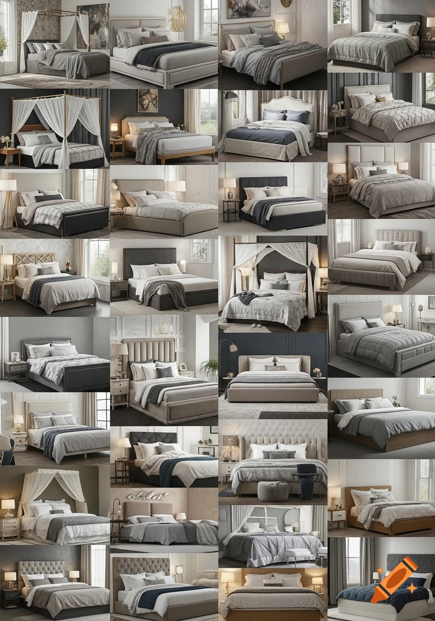 A grid of 30 photorealistic images showcasing diverse beds and bedroom interior designs in neutral tones.