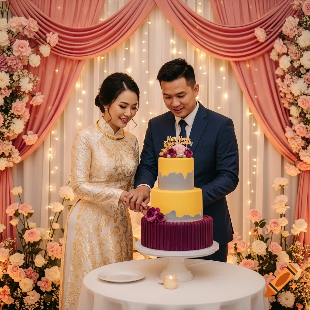 A Vietnamese bride in a traditional Ao Dai and groom in a suit cut a yellow, gray, and purple wedding cake in front of a floral and draped backdrop.