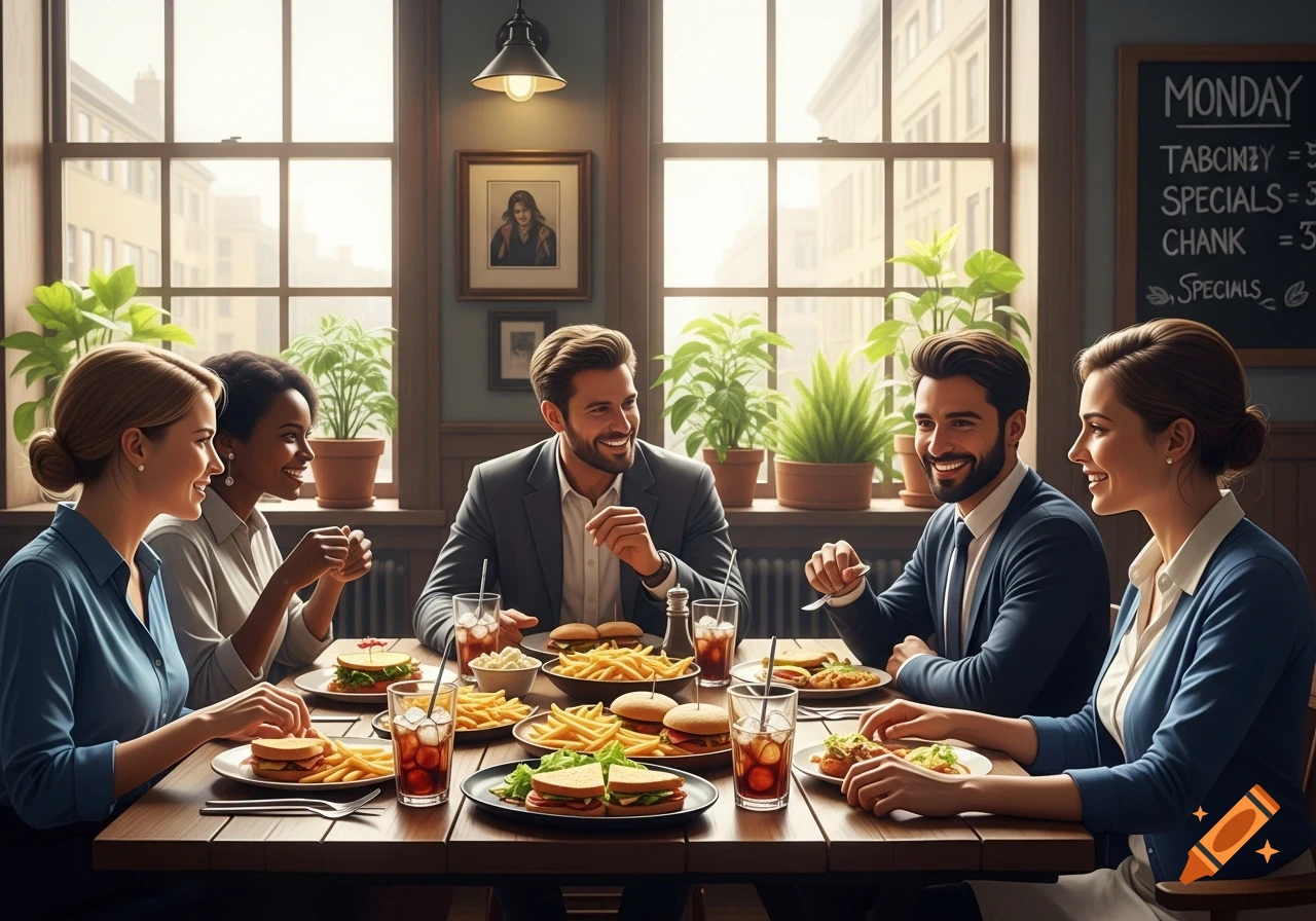 A diverse group of people smiling and laughing while eating lunch at a long wooden table in a brightly lit restaurant. The table is filled with burgers, fries, and drinks.
