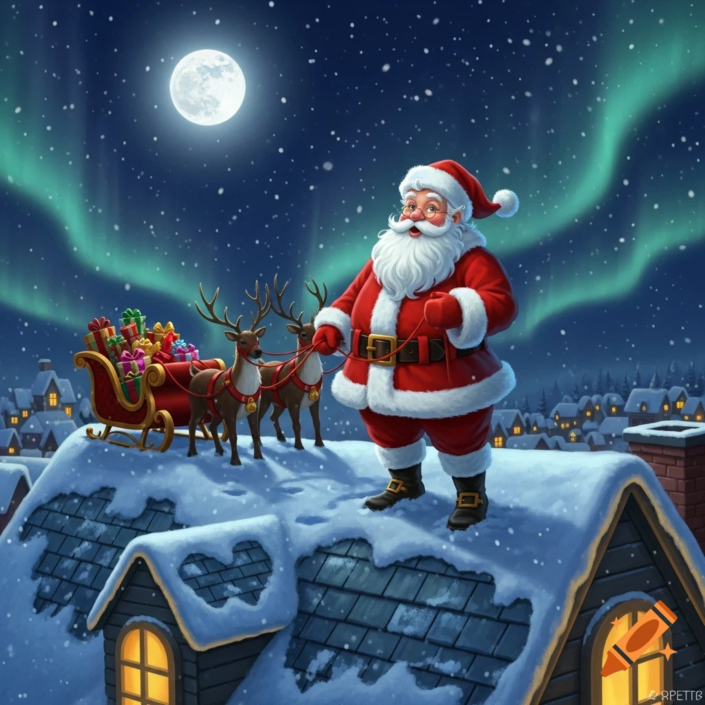 An illustration of Santa Claus on a snowy rooftop, holding the reins of his reindeer and sleigh full of presents, under a full moon and aurora borealis above a village.
