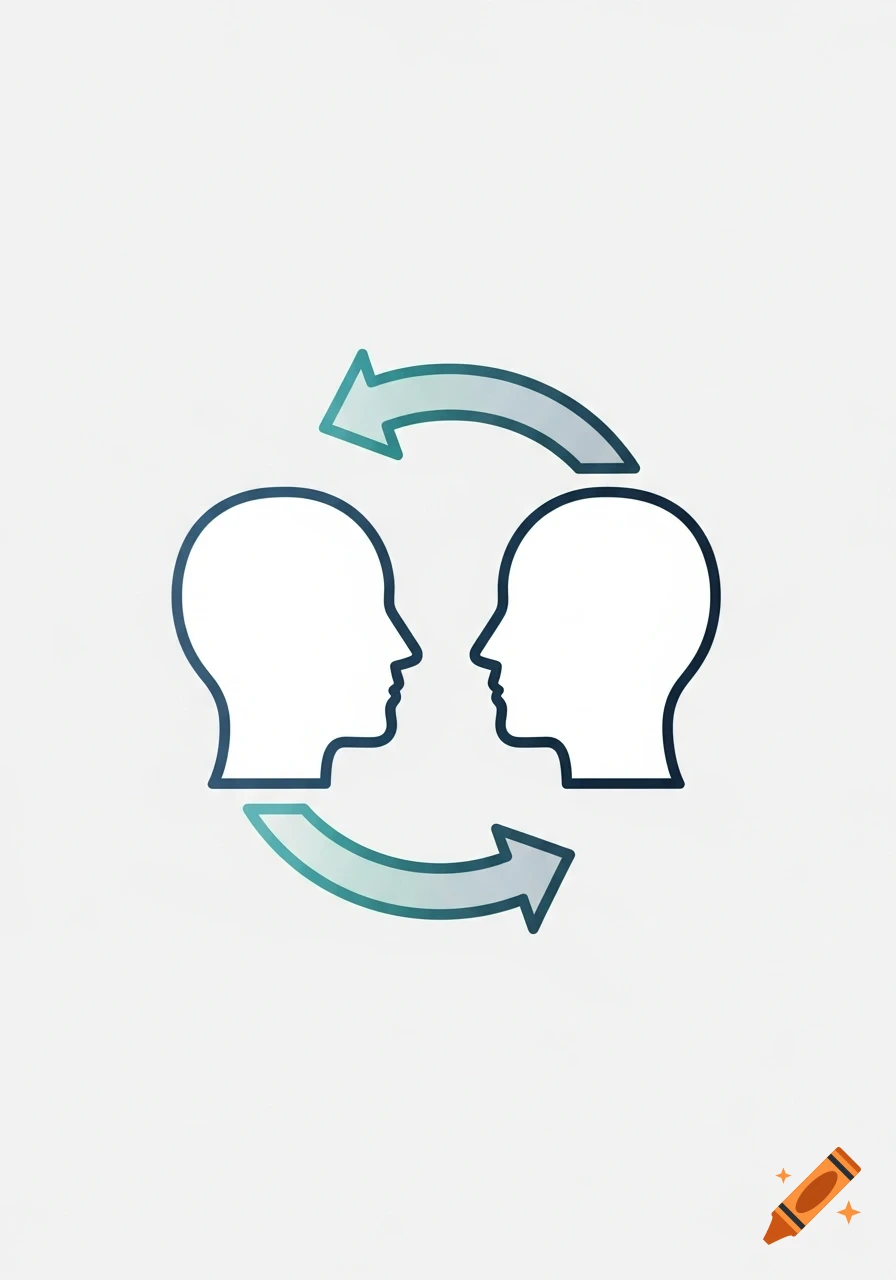 Flat vector icon of two human head silhouettes facing each other with circular teal arrows.