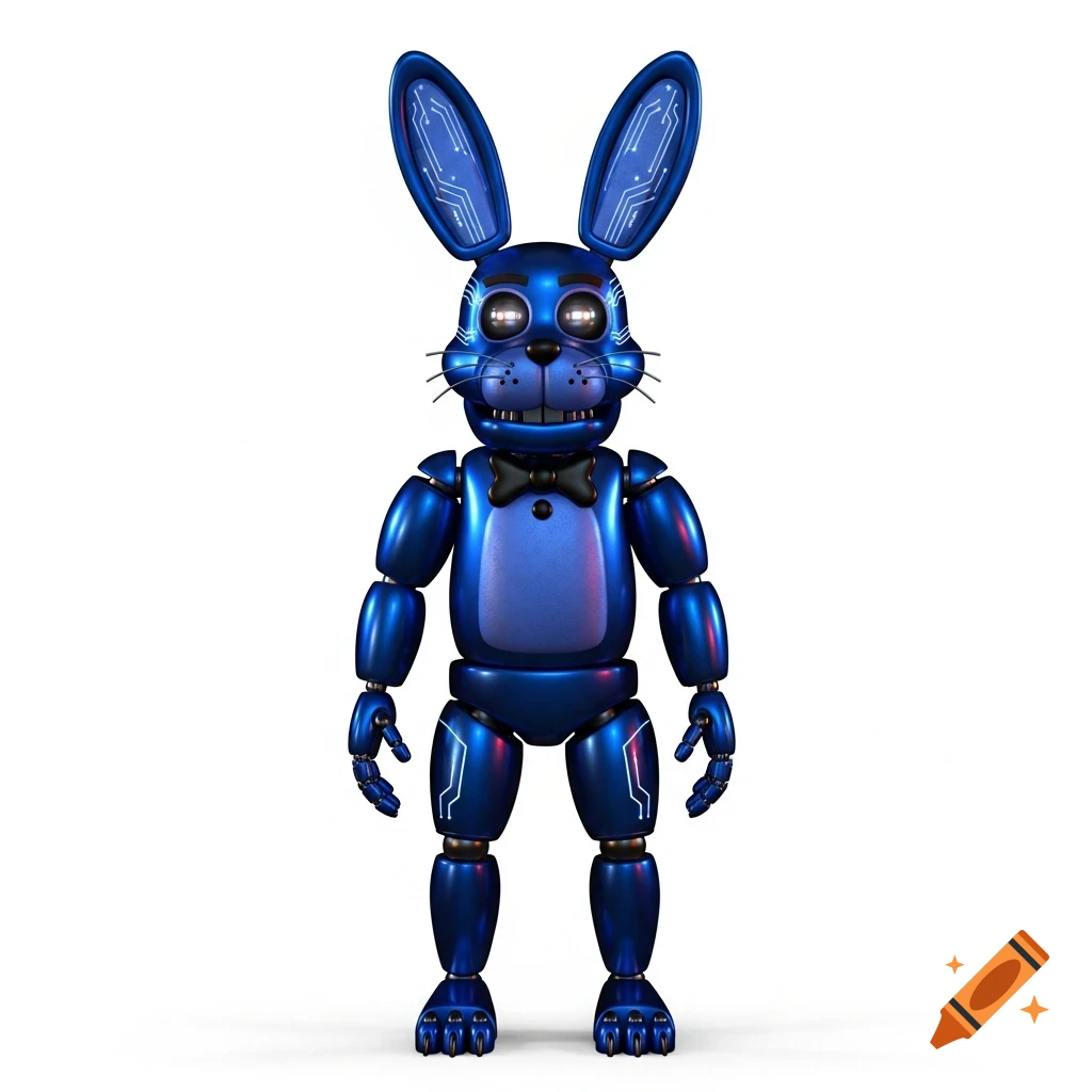 A blue animatronic rabbit character with circuit patterns on its ears and body, standing on a white background.