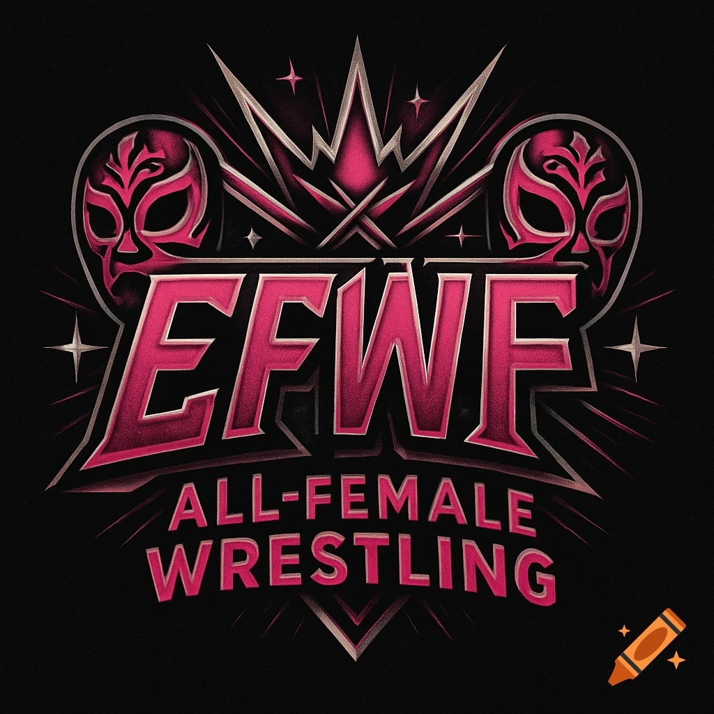 A stylized pink and silver logo for EFWF All-Female Wrestling, featuring two wrestling masks and a crown design on a black background.