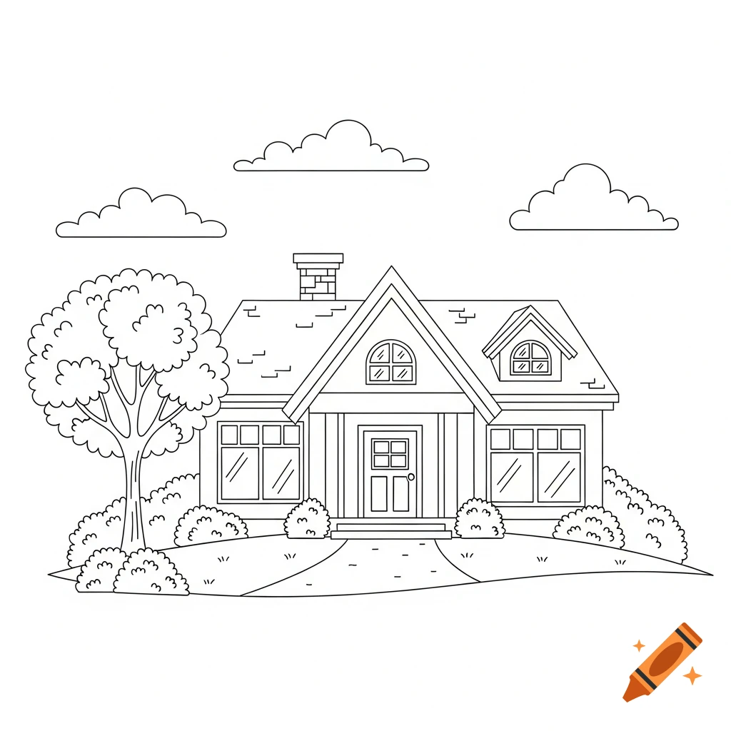 A simple black and white line drawing of a house with a tree, bushes, and clouds, ideal for a coloring page.