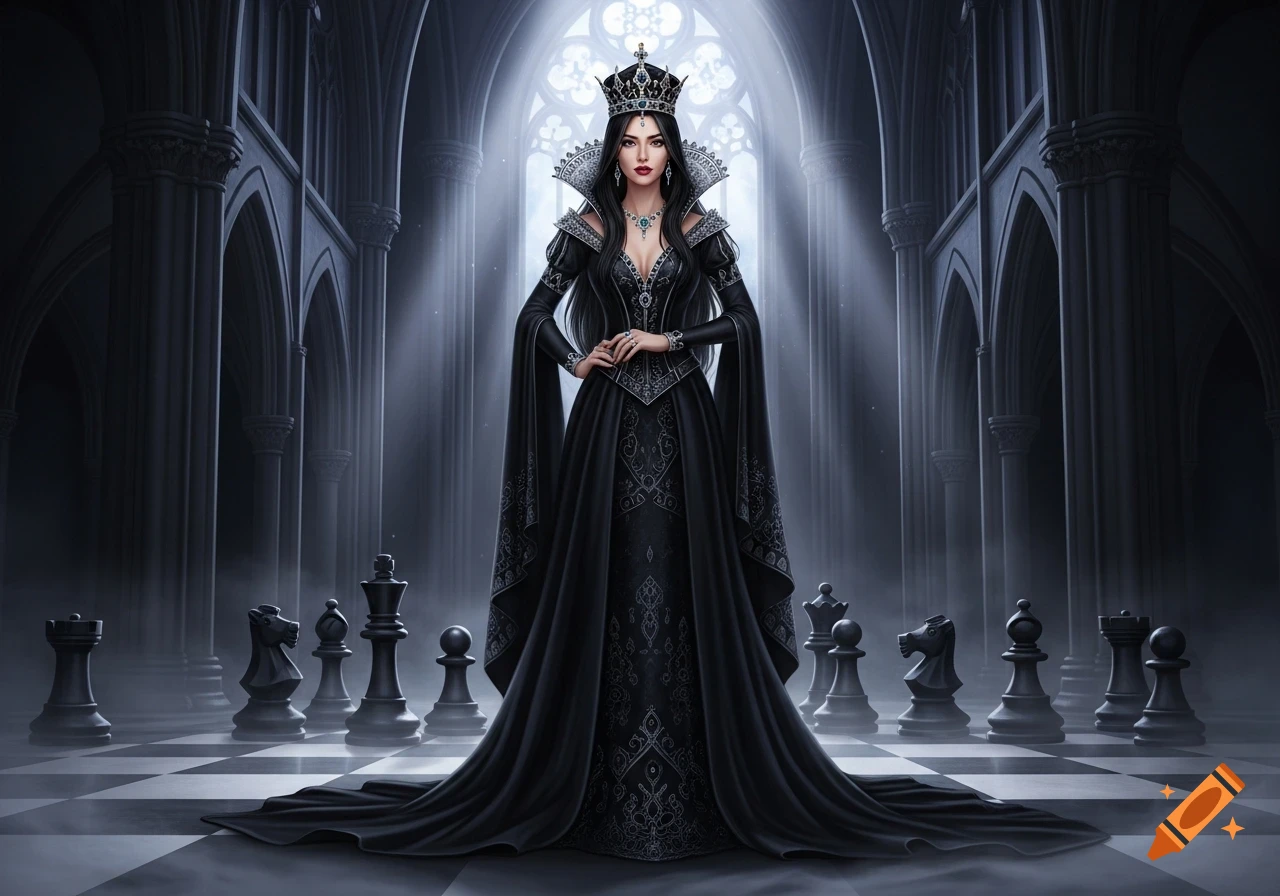 An elegant woman in a black gown and crown stands in a dimly lit gothic hall with chess pieces on a checkered floor.