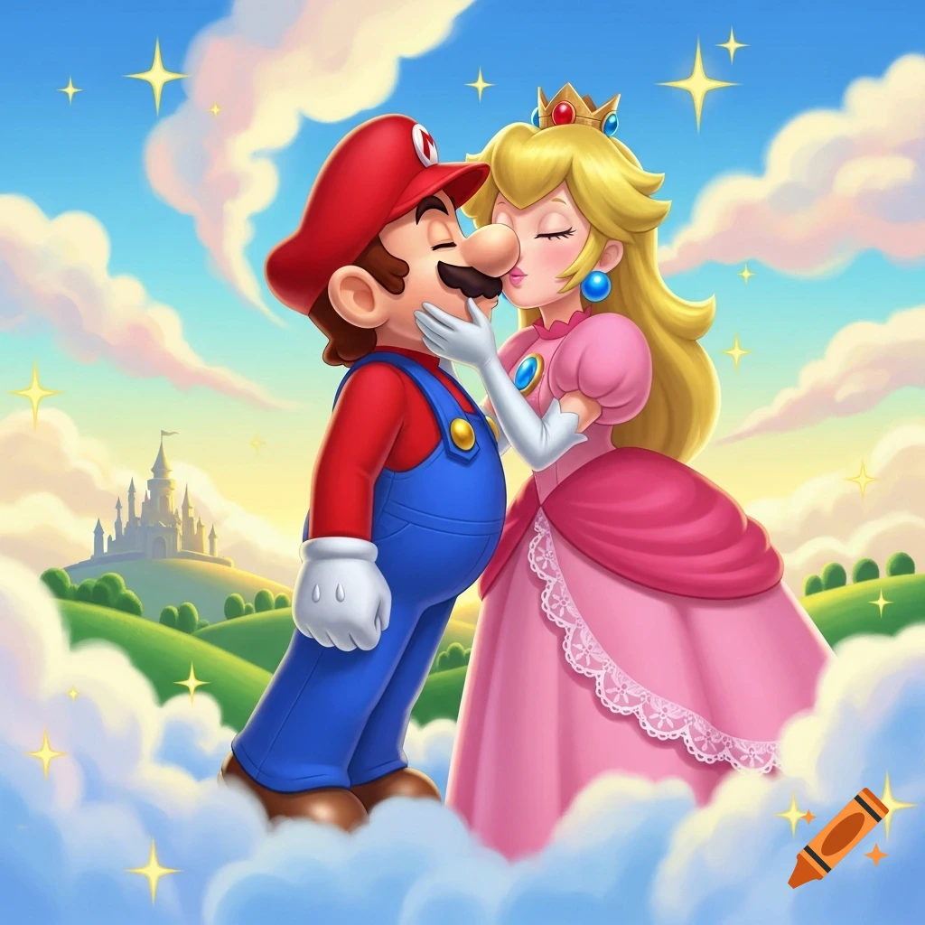 Cartoon illustration of Mario and Princess Peach sharing a kiss in a bright, cloudy sky with a distant castle.