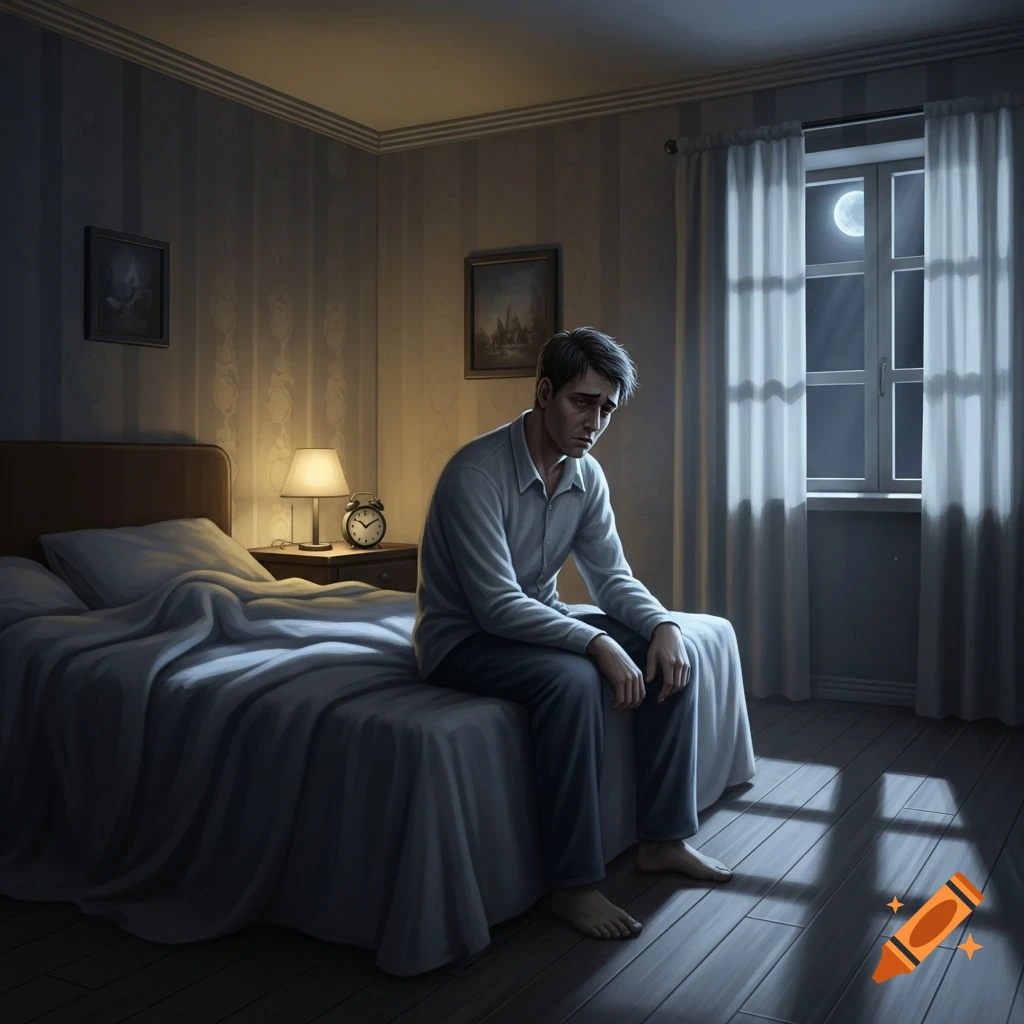 A man with a sad expression sits on the edge of his bed in a dimly lit bedroom at night, moonlight streaming through the window.