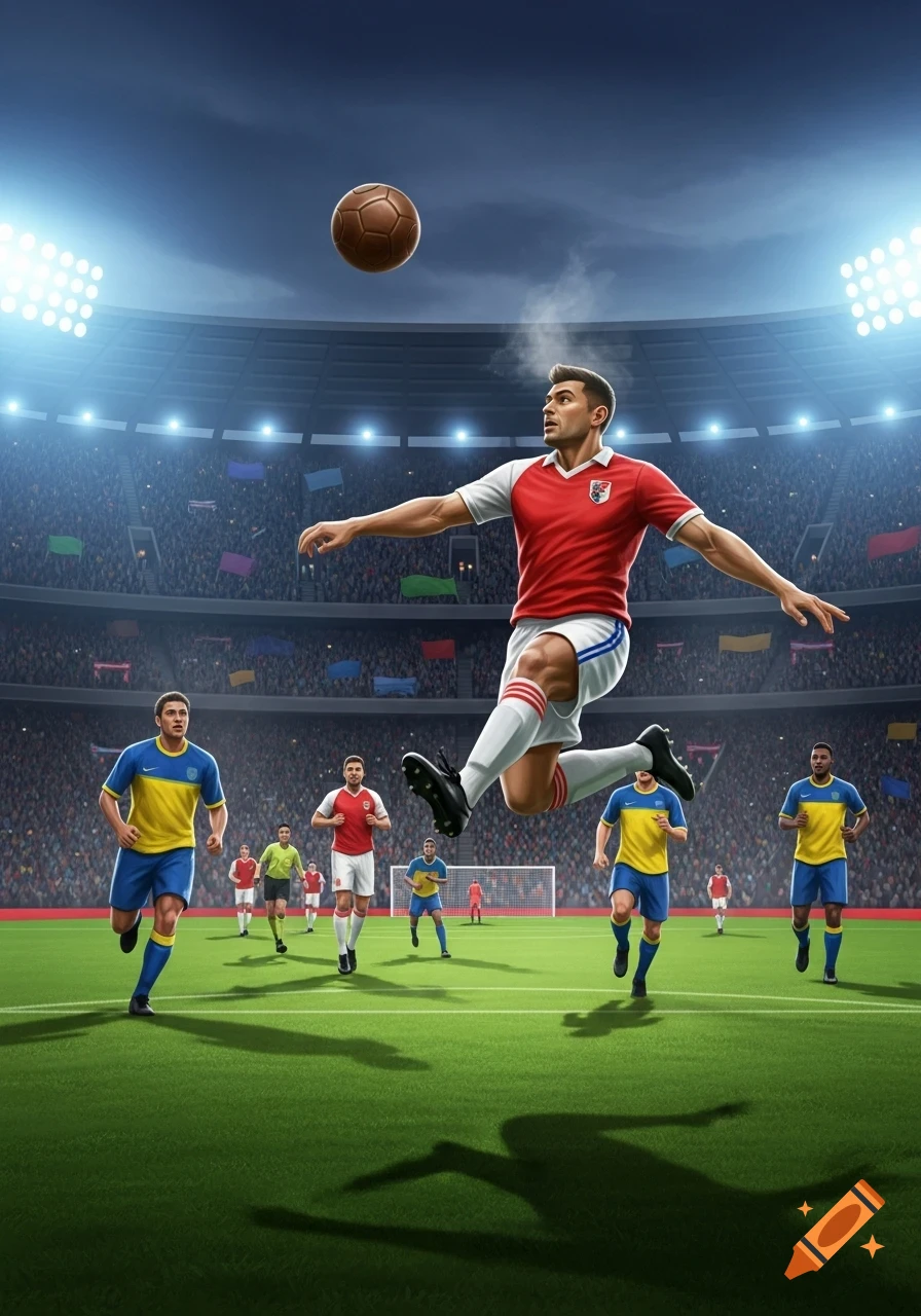 A male soccer player in a red and white jersey leaps to head a brown football in a brightly lit, crowded stadium.