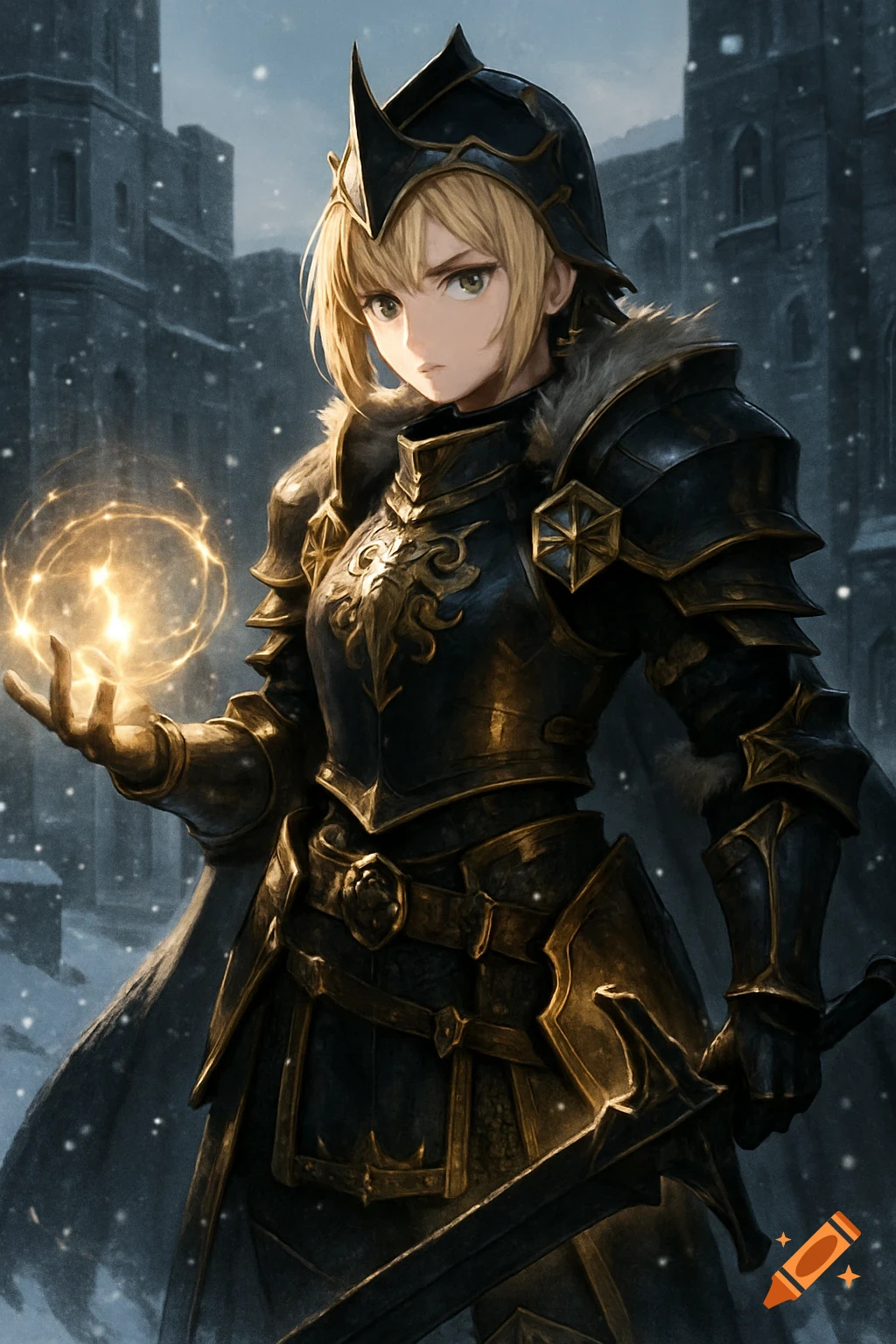 Anime female mage knight in black and gold armor casts a glowing spell in a snowy castle setting, holding a sword.