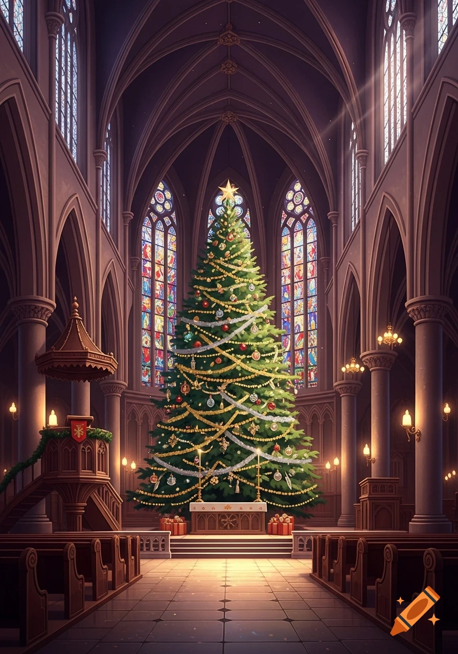 A beautifully decorated Christmas tree stands prominently in the center of a grand church interior with stained glass windows.