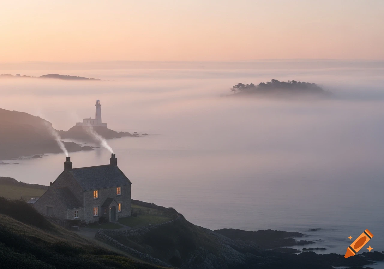 A stone cottage with glowing windows and smoking chimneys sits on a rugged coast overlooking a misty sea with a distant lighthouse at dawn.