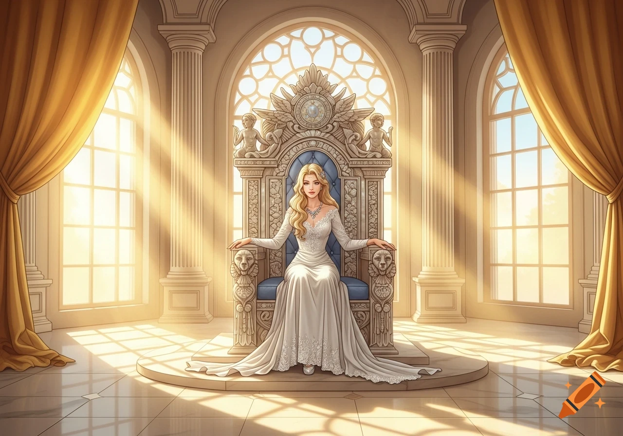 A beautiful blonde woman in a white gown sits on an ornate throne in a sunlit palace throne room.