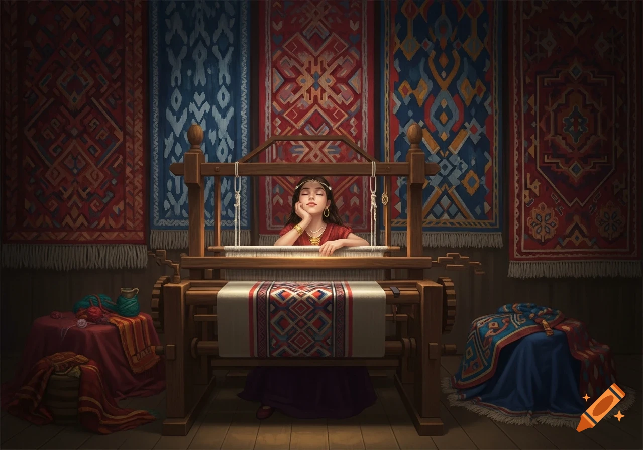 A young girl with closed eyes sits serenely at a wooden weaving loom, surrounded by colorful, intricately patterned hanging rugs, in an illustrative painting style.