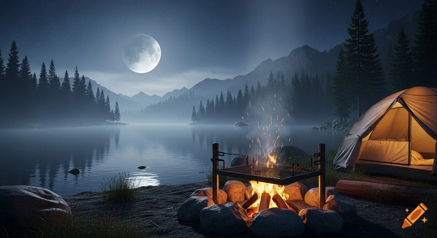 A realistic nighttime camping scene by a calm lake with a campfire and tent, under a full moon and starry sky.