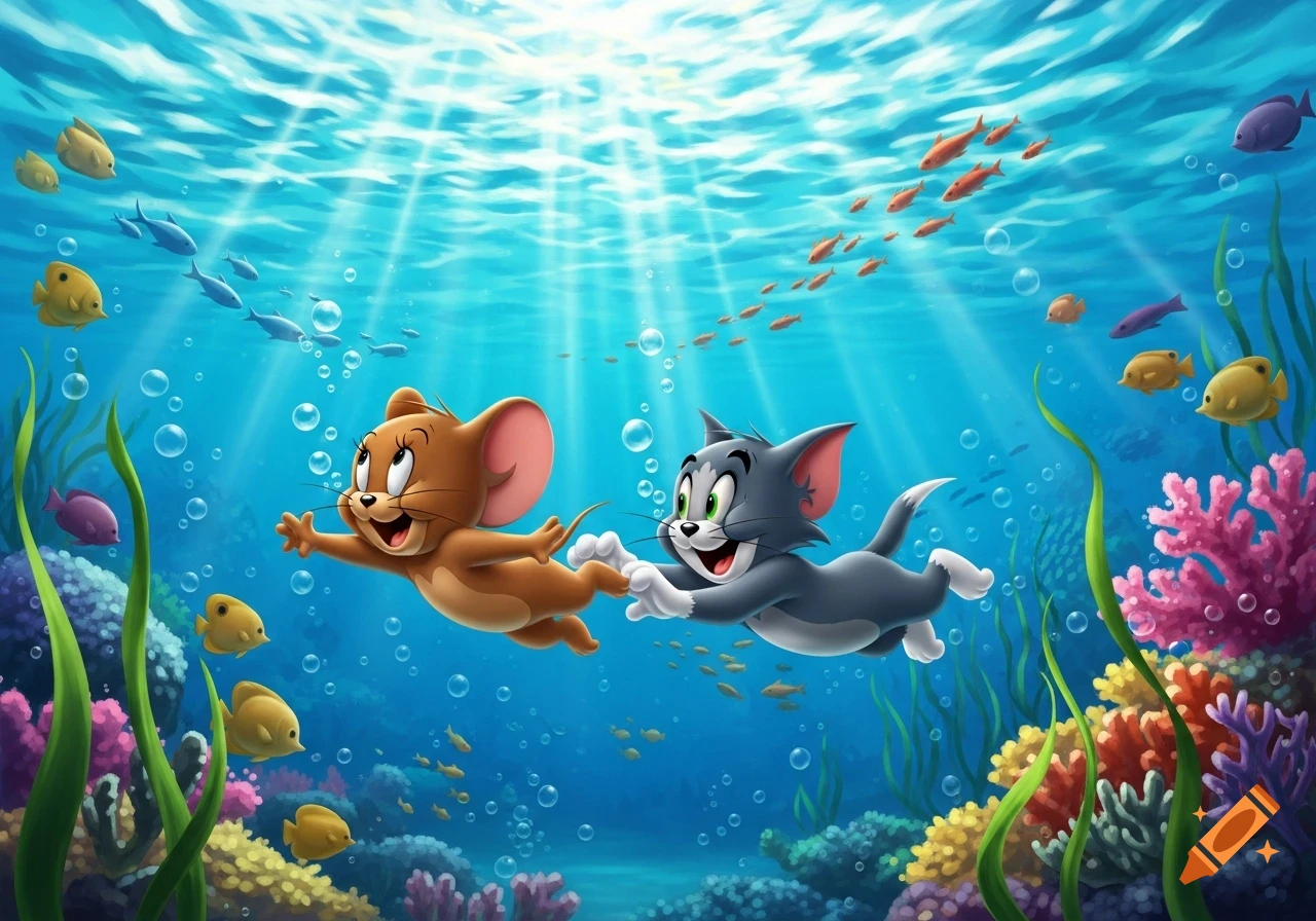 Tom and Jerry swim happily underwater, surrounded by colorful coral, seaweed, and fish, with sunbeams piercing the surface, in a vibrant cartoon style.
