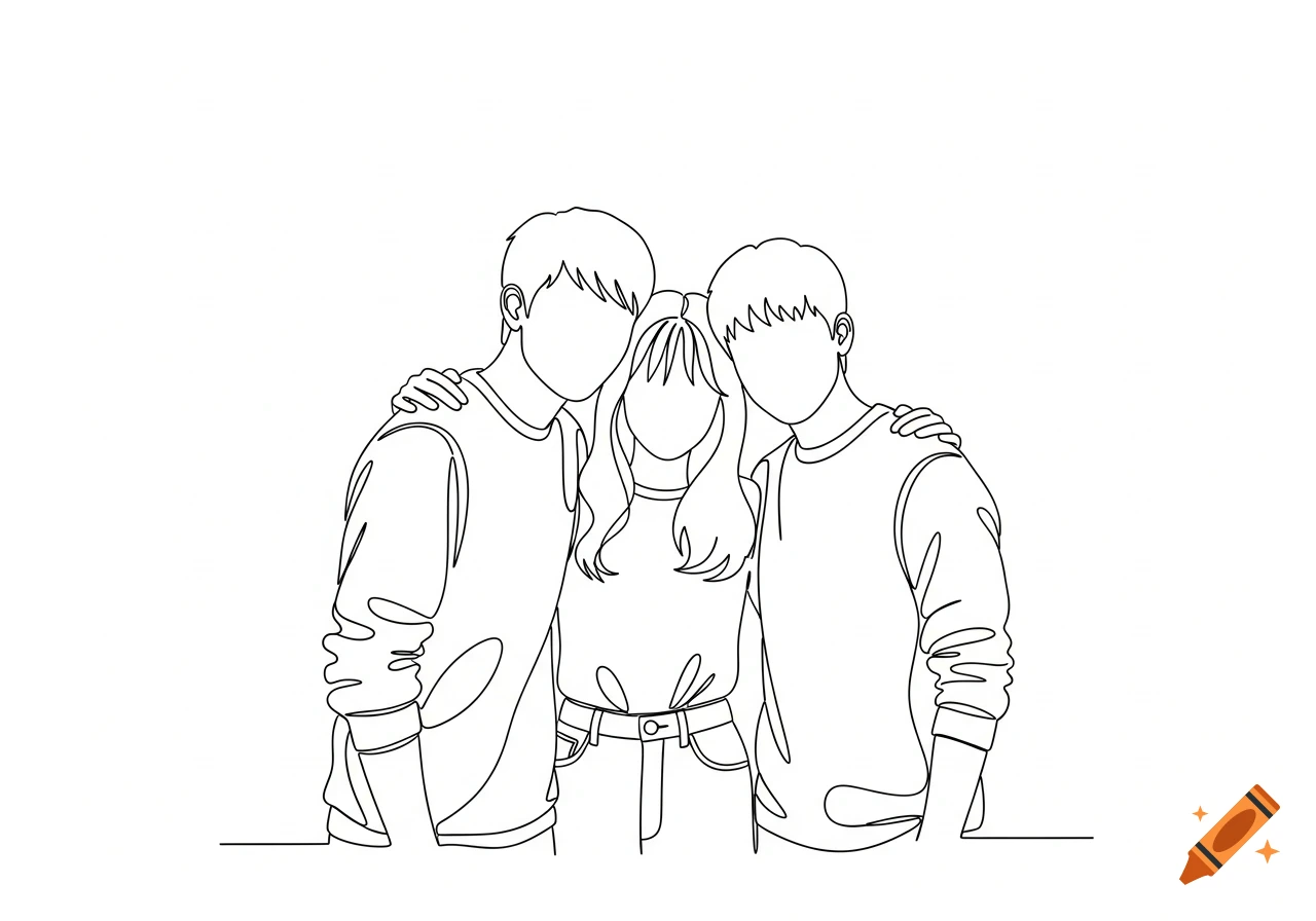 Minimalist continuous line art of three people, two men and a woman, hugging, with blank faces on a white background.