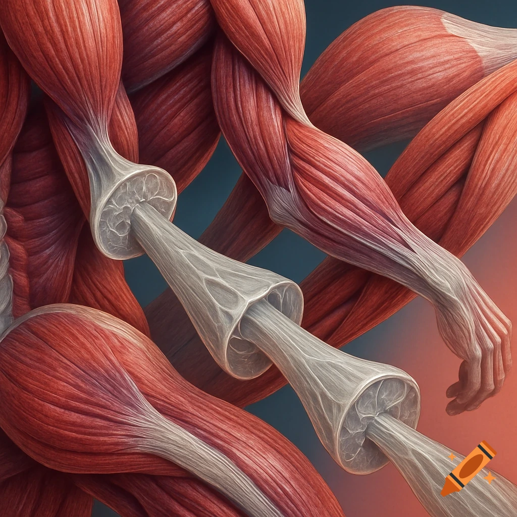 Close-up of stylized red muscle tissue interwoven with thick white tendon-like structures on a dark background.