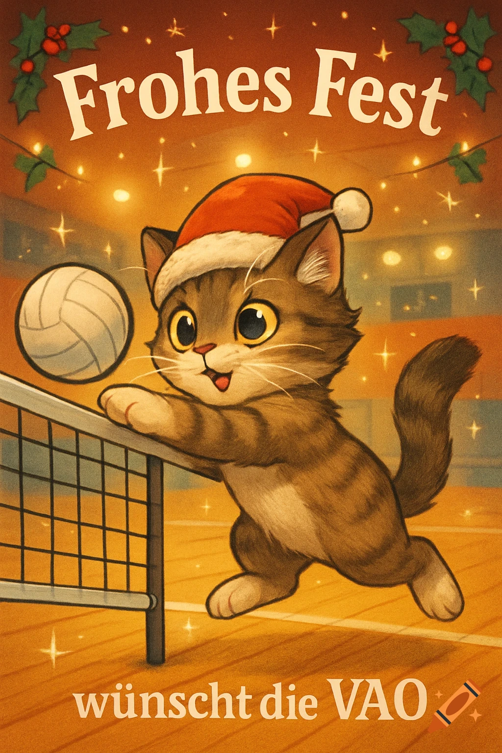 A cute cartoon cat in a Santa hat plays volleyball on an indoor court. Text reads "Frohes Fest wünscht die VAO".