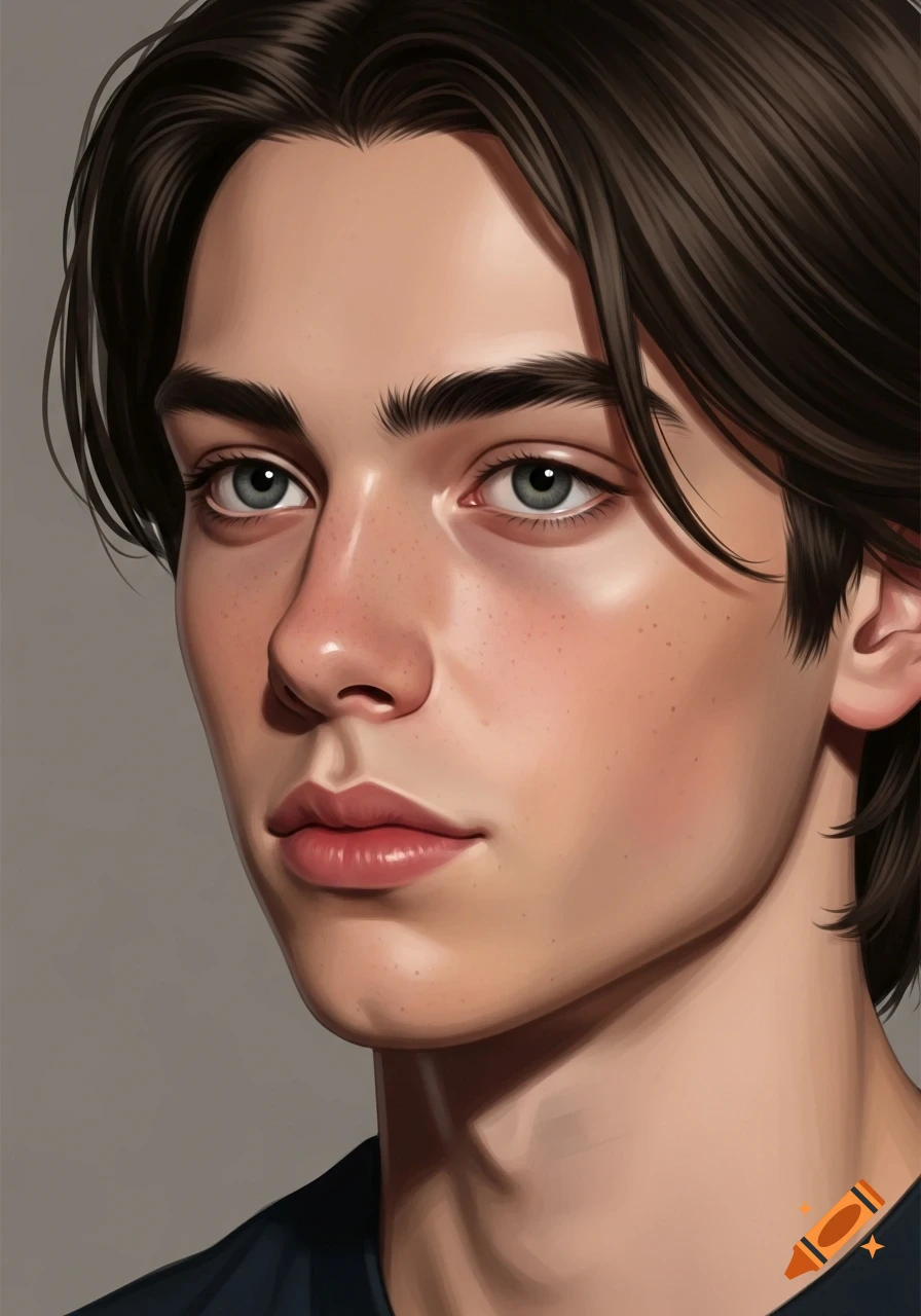 A digital painting portrait of a young man with dark brown hair and blue eyes, looking forward from a three-quarter angle.