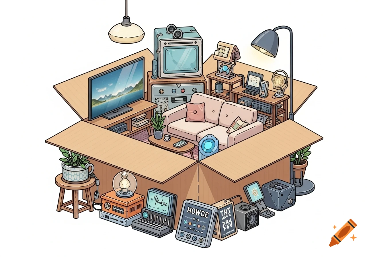 Isometric illustration of a living room scene with a sofa, TV, and various gadgets packed inside a large cardboard box.