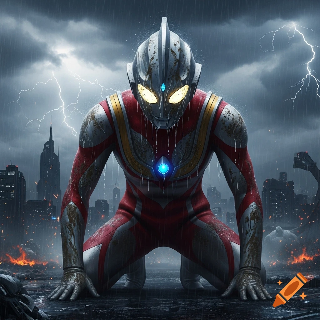 Ultraman, covered in rain and grime, kneels in a ruined city under a stormy sky with lightning.
