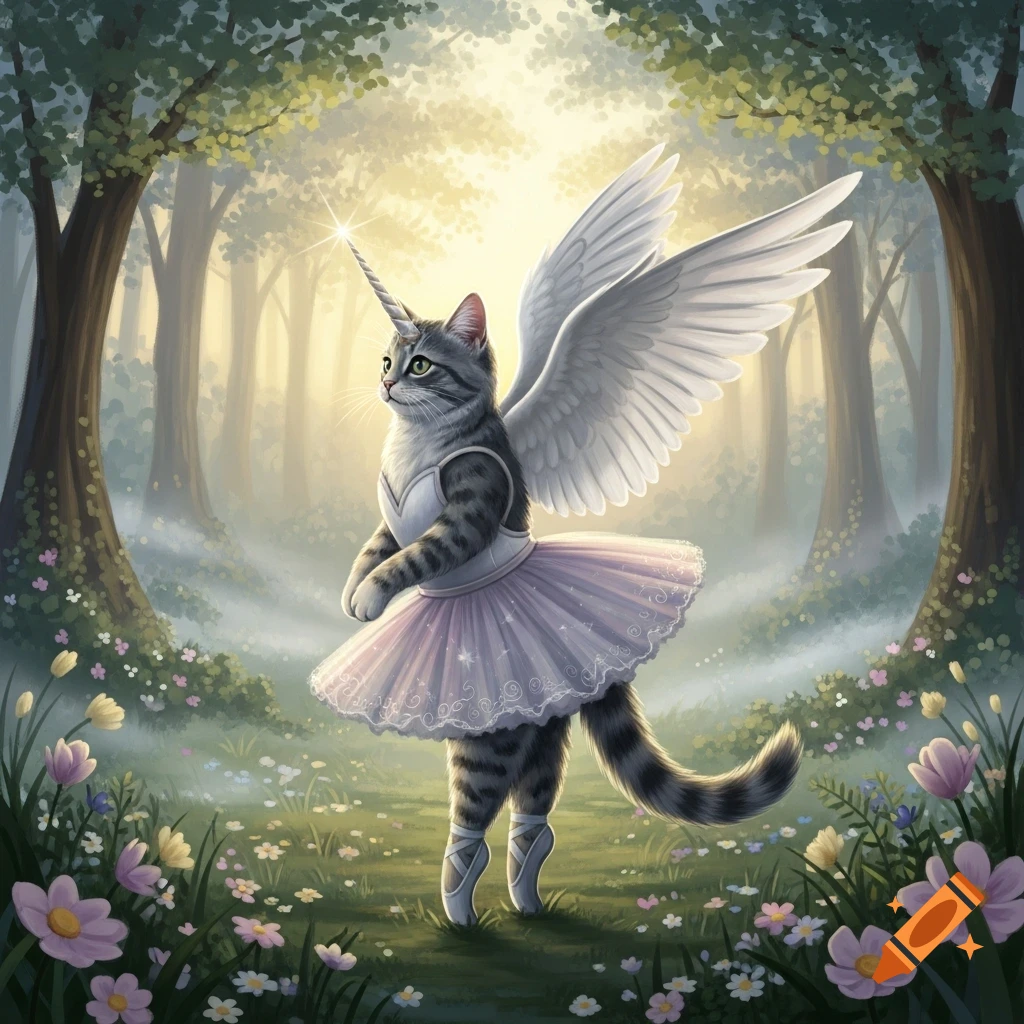A grey tabby cat in a pink ballet tutu with white wings and a sparkling unicorn horn stands in a magical forest.