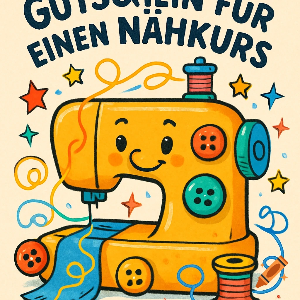 A colorful, child-friendly cartoon sewing machine surrounded by stars, with the German text 'Gutschein für einen Nähkurs' above it.