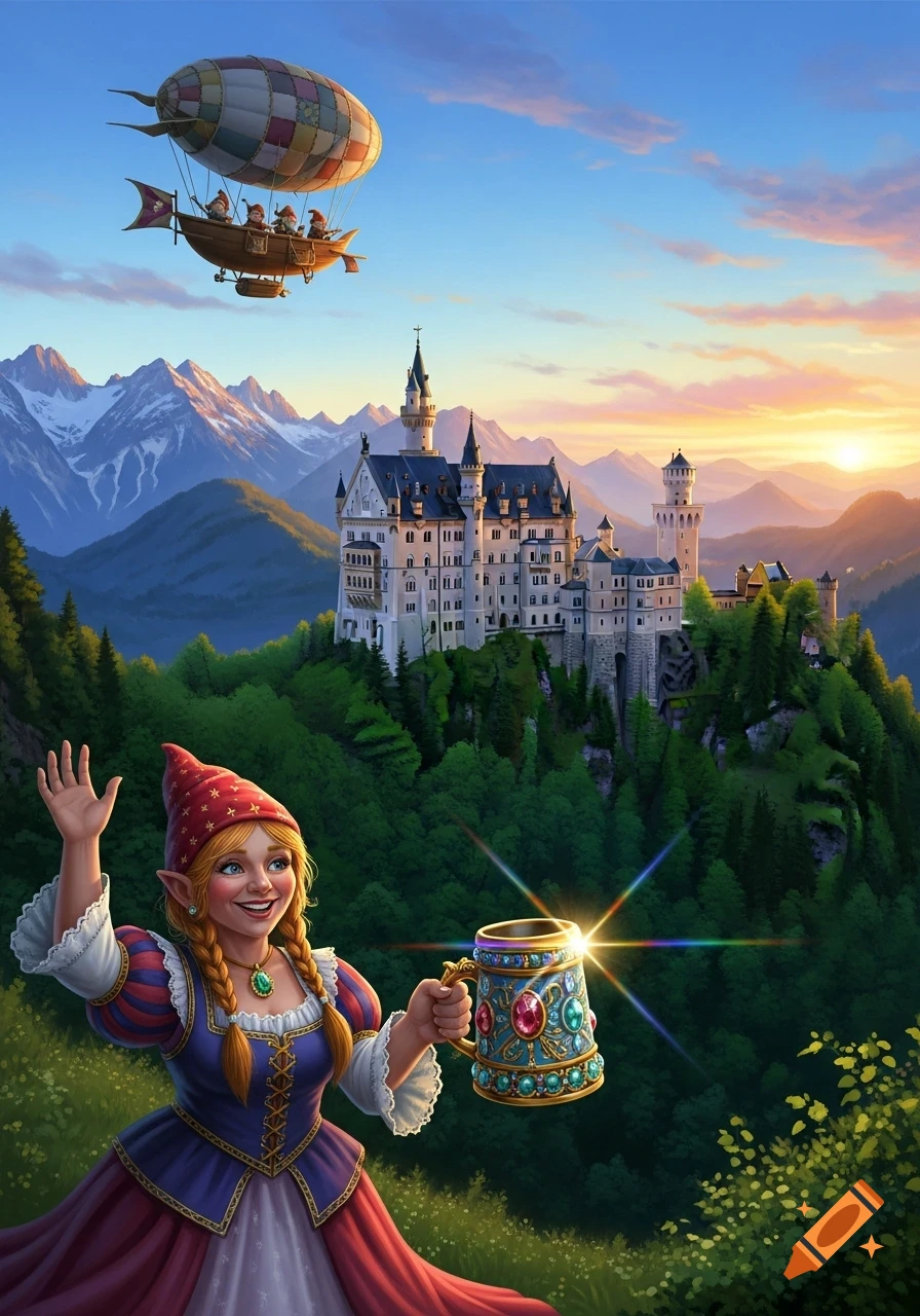 An illustration of a gnome woman waving and holding a jeweled mug, with Neuschwanstein Castle, mountains, and an airship with gnomes in the background at sunset.