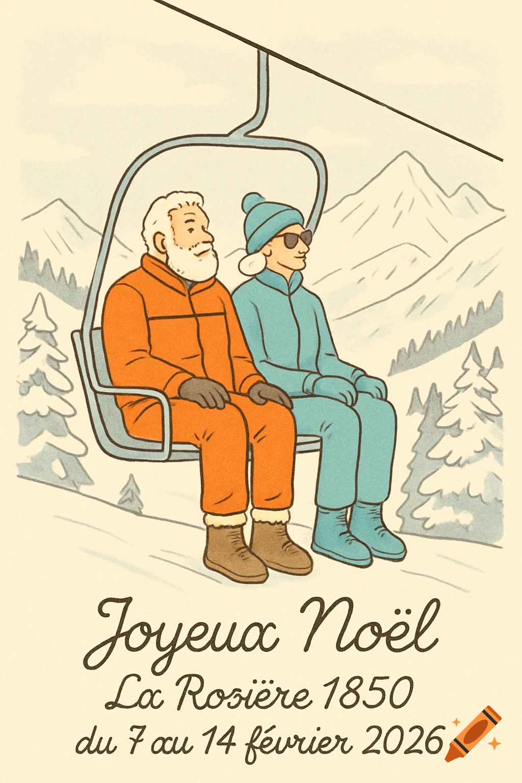 Illustration of an older couple on a ski lift in snowy mountains, with 'Joyeux Noël' text.