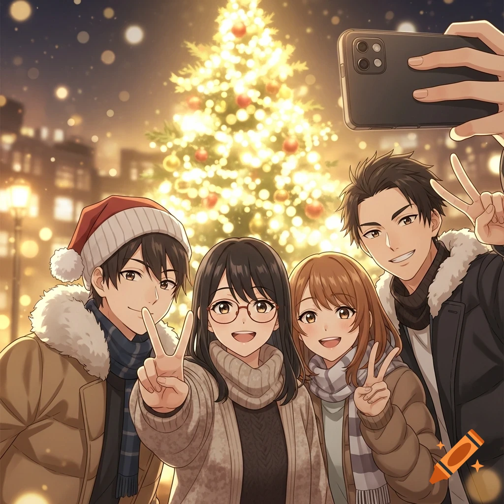 Four smiling anime friends take a selfie in front of a glowing Christmas tree at night, making peace signs.